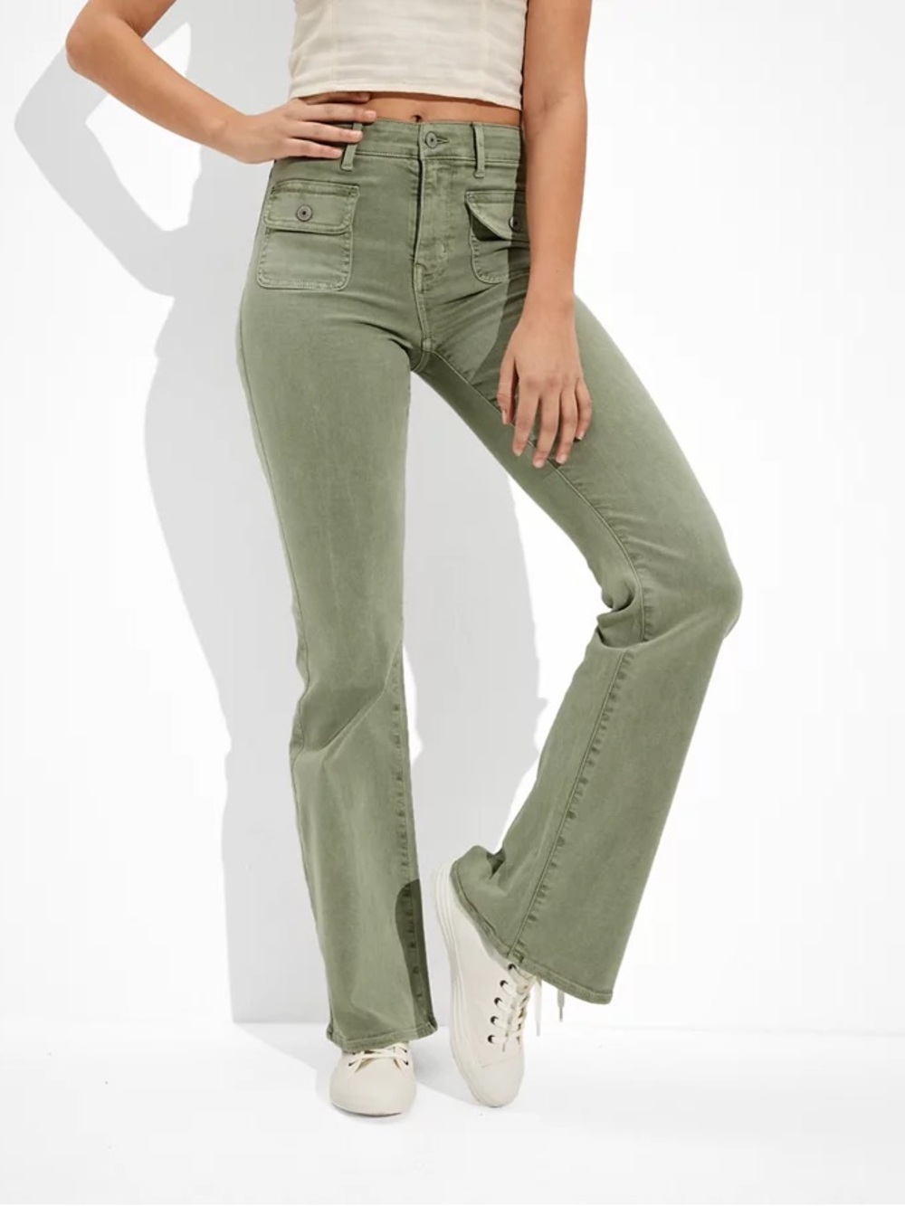 American Eagle Stretch Dried Sage Green High-Waisted Flare Jeans Size 8 Like New